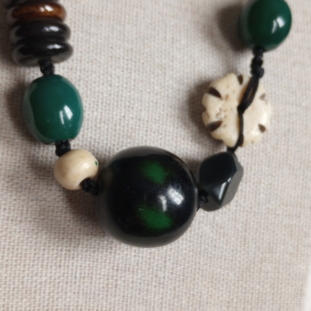 Artisan Vintage African Carved Wood Stone Bone Beads Green Adjustable Necklace